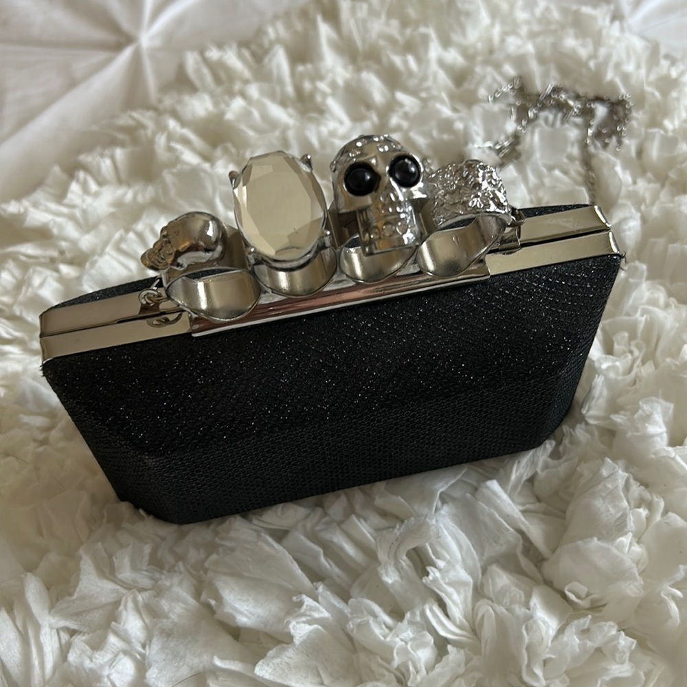 RSVP black sparkle four ring skull clutch evening purse